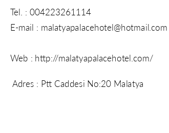 Malatya Palace Hotel iletiim bilgileri
